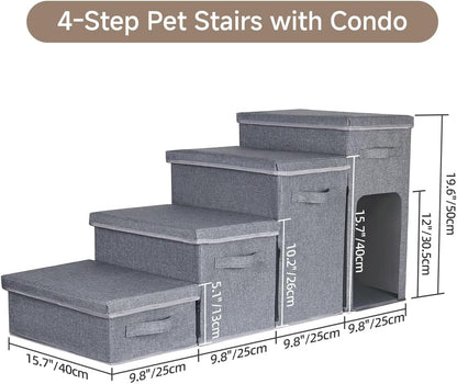 Dog Stairs with Storage, Folding Pet Steps with Zip for Small Dogs and Cats, 4-Step Pet Stairs with Pet House for High Bed, Couch and Car Ramp (Gray, 4 Steps with Condo)