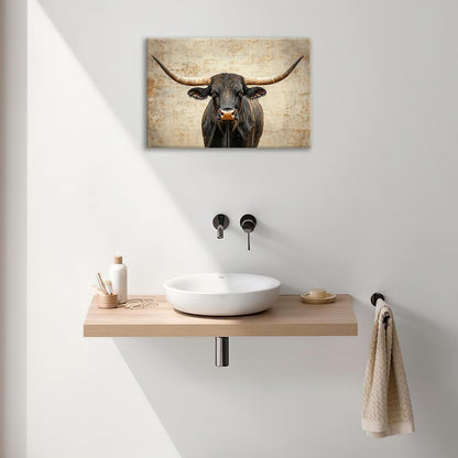 Rustic Highland Cow Pictures Wall Art, Farmhouse Longhorn Bull Bathroom Wall Decor Black Cow Framed Painting Canvas Artwork for Bathroom Bedroom Living Room Decorations 24"L x 16"W
