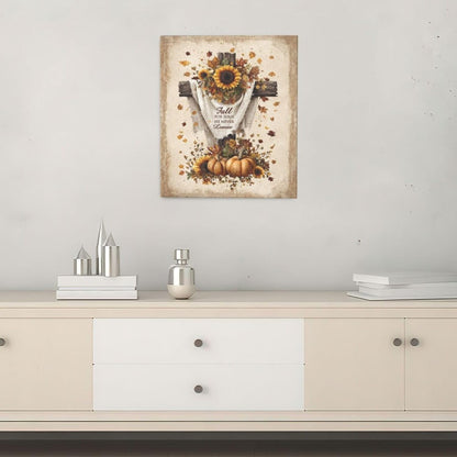 Christian Fall Wall Art Autumn Rustic Cross Sunflower Pumpkin Wall Decor Fall for Jesus He Never Leaves Pictures Painting Print Framed Artwork Decorations Gifts for Living Room Bedroom Prayer Room Office 20"x24"