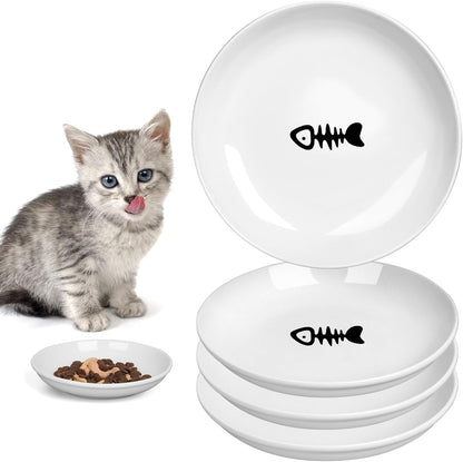 TRUVIC 4 Pack Ceramic Cat Food Bowls, 5.9 Inch Ceramic Cat Dishes Set for Indoor Cats and Small Dogs, Anti Whisker Fatigue Kitten Bowls, Wide Shallow Kitten Plates for Food and Water (Fishbone)