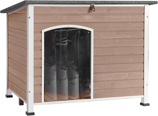 Dog House Outdoor & Indoor Wooden Dog Kennel for Winter with Raised Feet Weatherproof for Small & Medium & Large Dogs,Unique All-Around Iron Frame，Light Brown