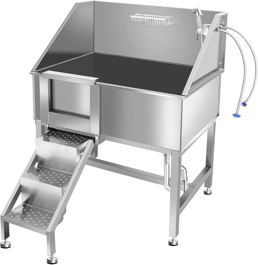 38" Dog Bathing Station, Professional Dog Washing Station Stainless Steel Dog Grooming Tub for Home,Equipped with Three Anti-Slip Steps, Removable Door, Pet Wash Station for Pet,L-RAMP