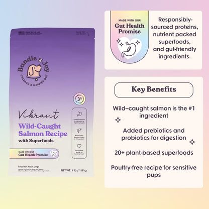 Vibrant Probiotic Dog Food Dry, Salmon, 18lb Bag, Allergy and Gut-Friendly Adult Kibble for Digestive Health with Wild-Caught Salmon, 20 Plant Based Superfoods, Grain x Poultry Free