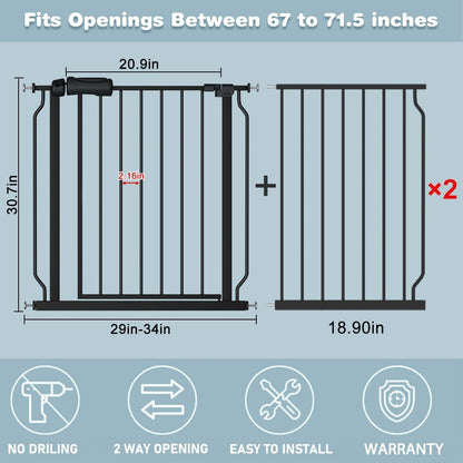 Extra Wide Baby Gate 67-71.5 Inch Wide Walk Through Pressure Mounted Auto Close Large Long Tension Gate for Dog and Cats Black