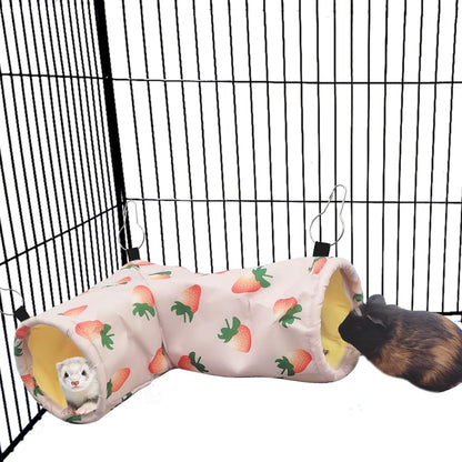 Large Caliber Guinea Pig Hideout & Hammock, Corner Hideout Toy for Guinea Pig, Ferret, Hedgehog, Piggy-2 Tunnel Strawberry