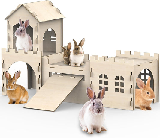 Large Bunny House and Hideouts, Wooden Dual-Layer Rabbit Castle with Stair, Rubber Band-Free Setup - Chew-Proof, Sturdy Habitat for Guinea Pig Chinchilla Ferret (Rabbit House)
