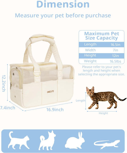 Dog Purse Carrier for Small Dogs Rabbit cat with Large Pockets, Cotton Bag, Dog Carrier Soft Sided, Collapsible Travel Puppy Carrier (Beige Breathable, 17.0" L x 7.5" W x 12.0" H)