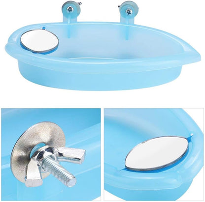 Tnfeeon Pet Bird Bathing Box, Cute Blue Pet Parrot Bathtub Box with Mirror Bird Cage Toy Accessory 7.4x3.9 in for Small Parakeet