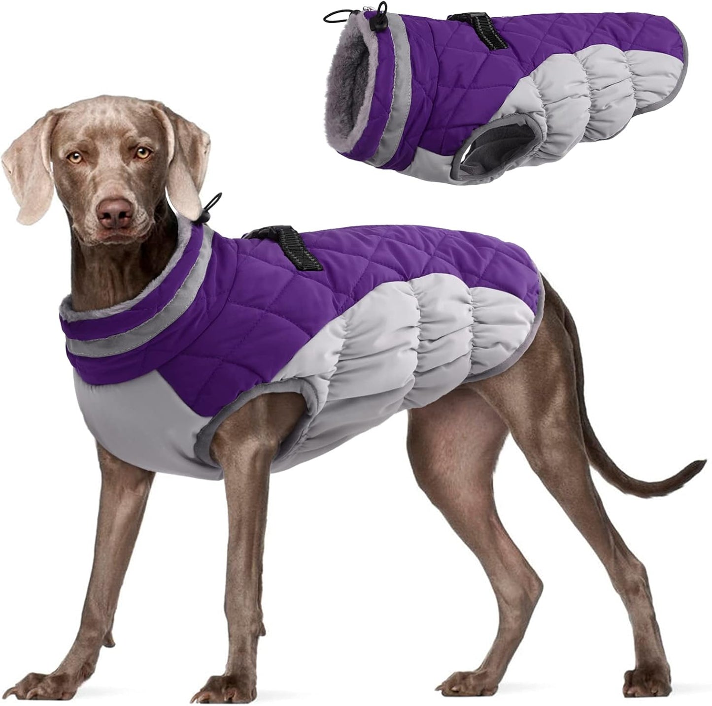 FUAMEY Dog Coat for Large Dogs,Waterproof Dog Winter Jacket with Harness Built in Puppy Cold Weather Coats Reflective Pet Vest with Zipper Warm Fleece Dogs Snowsuit Windproof Purple XL
