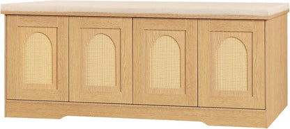 DINZI LVJ Shoe Bench, Entryway Storage Bench with Doors, Cushion, 2-Tier Shoe Rack with 8-Cubby, 47.2”L x 13.8”W Shoe Organizer Cabinet, Adjustable Shelf, Living Room, Bedroom, Natural with Rattan