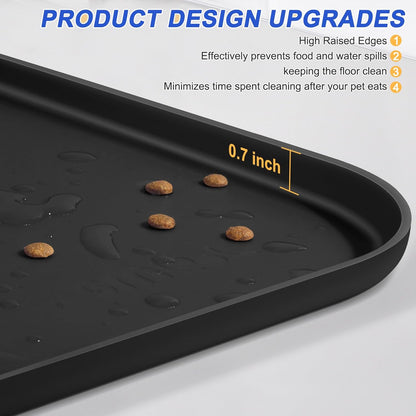 Silicone Pet Feeding Mat with Raised Edge for Food and Water, Dog Bowl Mats, Cat Bowls Placemat with High Lip for Floor Waterproof, Rubber Tray for Cats and Dogs 19 x 12 x0.7 Black
