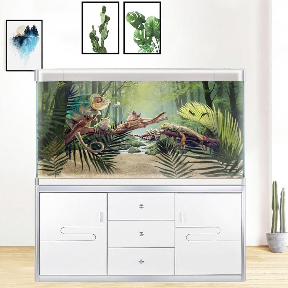 36X18IN Tropical Forest Terrarium Background, Natural Green Forest Tree Reptile Habitat Background, Misty Rainforest Aquarium Background, with 8 EVA Double-Sided Tape