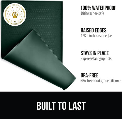 GORILLA GRIP 100% Waterproof Raised Edge BPA Free Silicone Pet Feeding Mat, Dog Cat Food Mats Contain Spills Protects Floors, Placemats for Cats and Dogs Water Bowl, Pets Accessories 32x24 Green