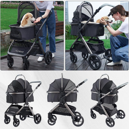 Pet Stroller for Small Medium Dogs, Cat Carriage Travel System Four Wheel Dog Stroller with Carrier, Zipperless Entry/Cup Holder/Storage Basket
