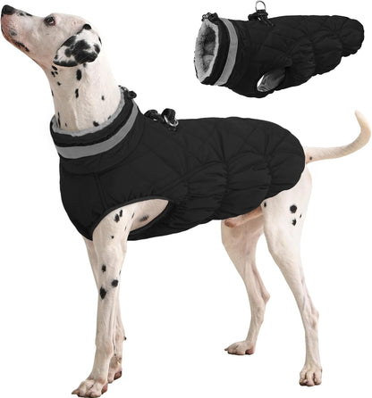 FUAMEY Dog Coat for Large Dogs,Waterproof Dog Winter Jacket with Harness Built in Puppy Cold Weather Coats Reflective Pet Vest with Zipper Warm Fleece Dogs Snowsuit Windproof Solid Black XL