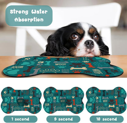 Dog Food Mats for Floors Waterproof, Pet Feeding Absorbent Water Bowl Mat Cat Placemats Green Bone Shape 23.6 * 15.7 inch