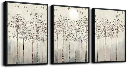 Black Framed Wall Art for Living Room Bedroom Wall Decor office Wall Decorations trees and birds Abstract Wall Paintings Sunrise and sunset Wall Pictures Artworks Modern 3 Piece Framed Prints Art