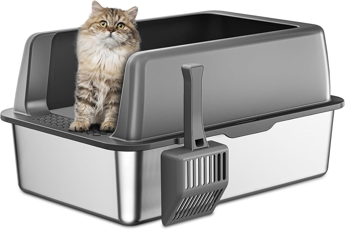 Zarler Stainless Steel Litter Box with Lid, Extra Large Cat Litter Boxes, XL Large Metal Litter Box for Big Cats with High Sided, Grey (Non-Sticky, Easy to Clean, Anti-Urine Leakage)