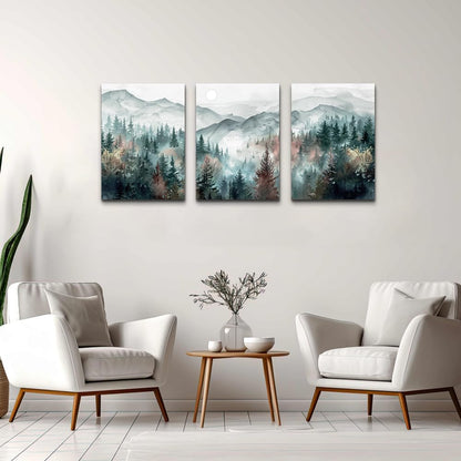TTHYUEWS Farmhouse Wall Art For Bedroom Wall Decor For Living Room Wall Pictures for Office Fog Forest Mountain Landscape Watercolour Painting Artwork Modern Home Decorations Ready To Hang 3 Piece