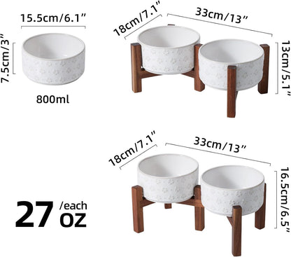 6.1inch Ceramic Raised Double Bowls Set with Acacia Wood Stand, 2 Heights Elevated, Food & Water Bowls for Small Breed Dogs, Weighted Dog Dishes, Pet Bowl(27oz, Arctic White)