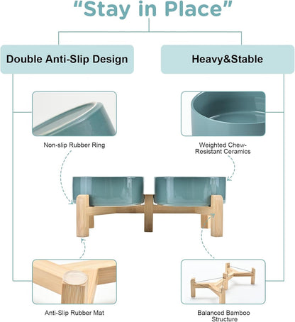 SPUNKYJUNKY Elevated Dog Bowls Ceramic, 5.1'' Dogs and Cat Food Water Bowls Raised with Non-Slip Bamboo Stand for Puppy Small Sized Breed Microwave Dishwasher Safe - 13.5 OZ,Dark Green