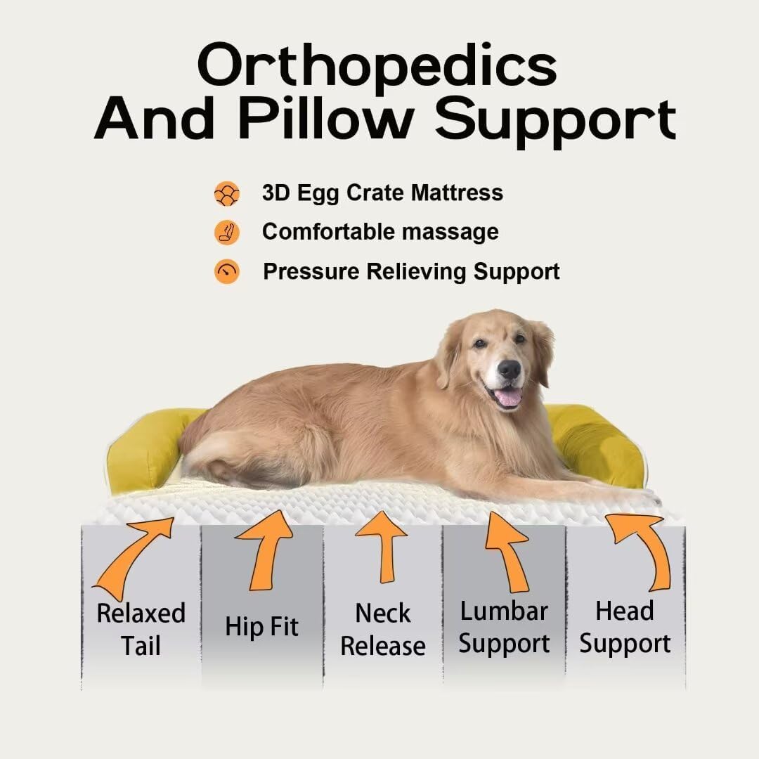 Large Dog Bed Orthopedic Washable | Beds Bolster Pet - XXL Large Big Dogs - Memory Foam - Couch Sofa - Waterproof with Removable Cover - Ginger Yellow Dog Bed