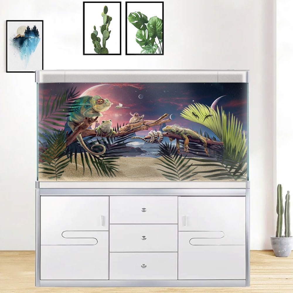 72X18IN Cosmic Spaceterrarium Background, Cool Parallel Space Themed Aquarium Reptile Habitat Background, Red Moon Aquarium Background with 10EVA Double-Sided Tape