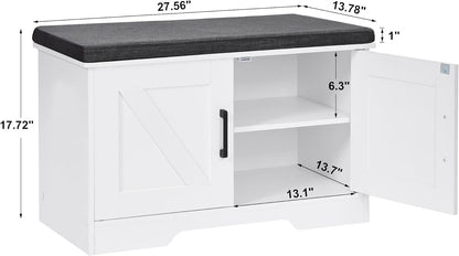 2-Tier Storage Bench, Shoe Bench with Padded Seat Cushion, Entryway Bench with 2 Barn Doors, Adjustable Shelf, 13.8" D x 27.6" W x 17.7" H, for Entryway, Living Room, Bedroom, White