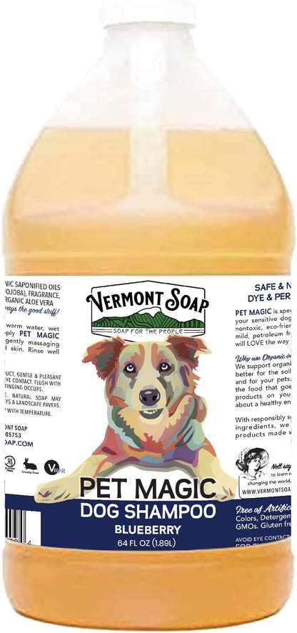 VERMONT SOAP Organics Pet Shampoo - Infused with Organic & Natural Olive Oil, Coconut & Aloe Vera Dog Shampoo for Sensitive Skin - USDA Certified Grooming, Blueberry (64oz)