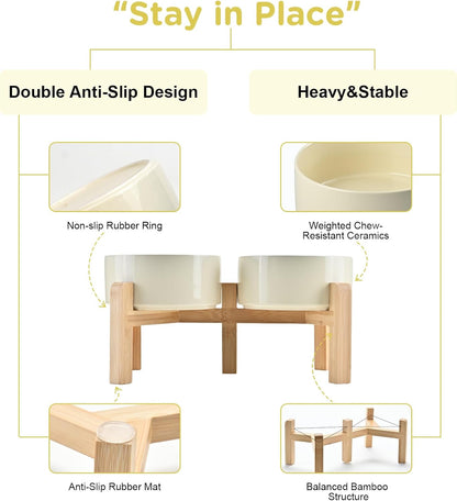 SPUNKYJUNKY Elevated Dog Bowls Ceramic, 6.1'' Dogs and Cat Food Water Bowls Raised with Non-Slip Bamboo Stand for Medium Sized Breed Microwave Dishwasher Safe - 28.7 OZ,Beige