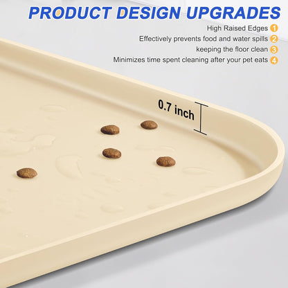 Silicone Pet Feeding Mat with Raised Edge for Food and Water, Dog Bowl Mats, Cat Bowls Placemat with High Lip for Floor Waterproof, Rubber Tray for Cats and Dogs 19 x 12 x0.7 White Sand