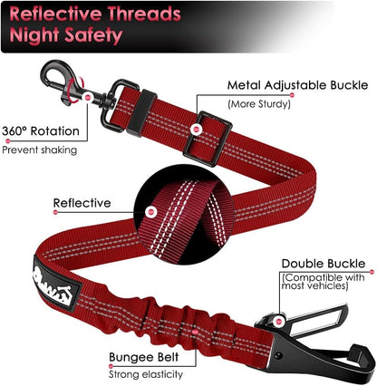 SlowTon 2 Pack Dog Seat Belt, 2 in 1 Attachment, Hook Latch Bar or Seatbelt Buckle with Elastic Nylon Bungee Buffer Adjustable Reflective Nylon Safety Belt Tether Connect to Dog Harness (2pack-R)