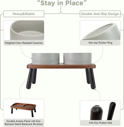 SPUNKYJUNKY Ceramic Elevated Dog Bowls Raised with Acacia Bamboo Wooden Stand, 6.1'' Dog and Cat Food Water Bowls Set Non-Slip for Small Medium Sized Breed Microwave Dishwasher Safe - 28.7 OZ,Grey