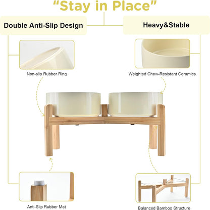 SPUNKYJUNKY Elevated Dog Bowls Ceramic, 7.3'' Dogs Food Water Bowls Raised with Non-Slip Bamboo Stand for Medium to Large Sized Breed Microwave Dishwasher Safe - 42 OZ,Beige