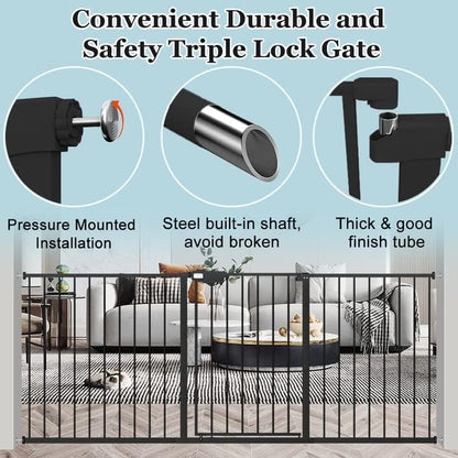 WAOWAO Triple Lock Baby Gate Extra Wide 81.49-86.22" Pressure Mounted Walk Through Swing Auto Close Safety Black Metal Dog Pet Puppy for Stairs,Doorways