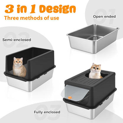 Litter Box with Lid, Stainless Steel Litter Box XL, 14" H Metal Cat Box with High Sides Wall Enclosure, Cat Pan, Non-Sticky, Easy Clean, Anti-Leakage, Black