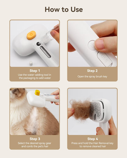 ROJECO 3-in-1 Pet Steam Brush for Cats&Dogs-Pet Spray Hair Removal Detangling Comb with Adjustable Mist,Handheld Deshedding Grooming Tool for Long/Short Hair,Massage Brush & Shedding Control,Cordless