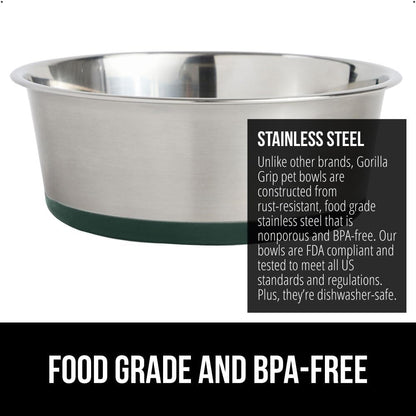 GORILLA GRIP Set of 2 Dog Bowls, Heavy Duty Metal Food and Water Bowl for Feeding Dogs and Cats, Dishwasher Safe, Rust Resistant Stainless Steel, BPA Free Rubber Base, Holds 1 Cup (8 fl oz), Green