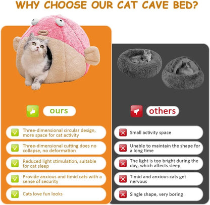 Cat Beds for Indoor Cats - Cat Bed Cave with Removable Washable Cushioned Pillow, Soft Plush Premium Cotton No Deformation Pet Bed, Lively Pufferfish Cat House Design, Pink, Multiple Sizes(M)