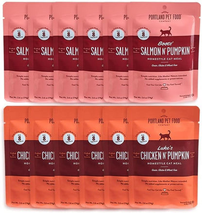 Human-Grade Mixed Variety Pack Wet Cat Food Pouch — Moist, Soft Cat Food Mixer, Topper, and Rotational Meal (6 Chicken, 6 Salmon) by Portland Pet Food Company