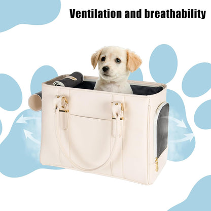 Fashion Pet Carrier Dog Purse Cat Bag Soft-Sided Carriers Travel Airline Approved, Stylish Leather Tote Handbag for Small Animal Puppy Kitten (White)