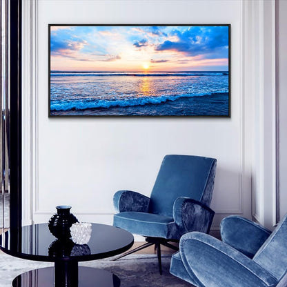Wapluam Large Canvas Prints Wall Art For Living Room Office Wall Decor Blue Beach Sea Waves Landscape Wall Painting Bedroom Home Decorations Pictures Ready To Hang Wall Mural Black Framed Artwork