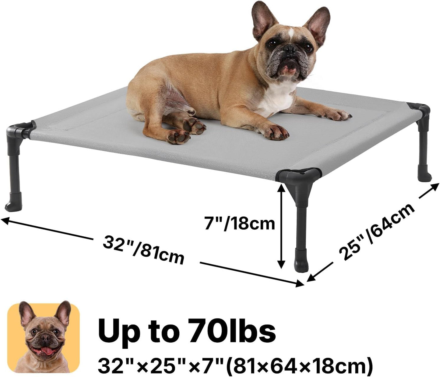 Veehoo Outdoor Elevated Dog Cot Bed, Cooling Raised Pet Bed for Medium Dogs, Washable Breathable Mesh Hammock Bed with No-Slip Feet, Indestructible Ground Off Training Platform Cot-32"x25" Grey