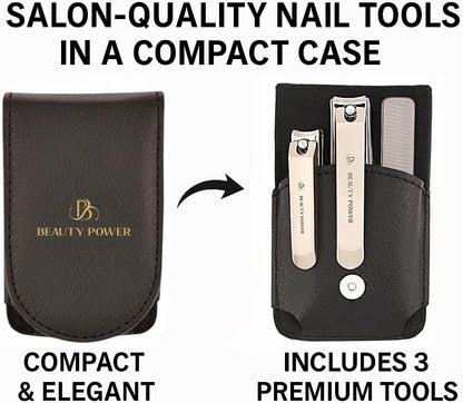 Nail Clippers Set 3 in 1 - Stainless Steel Toe Nail Clippers, Fingernail Clipper, Glass Nail File, Anti Splash, Ergonomic Grip in PU Leather Travel Case for Men & Women (Black Case)
