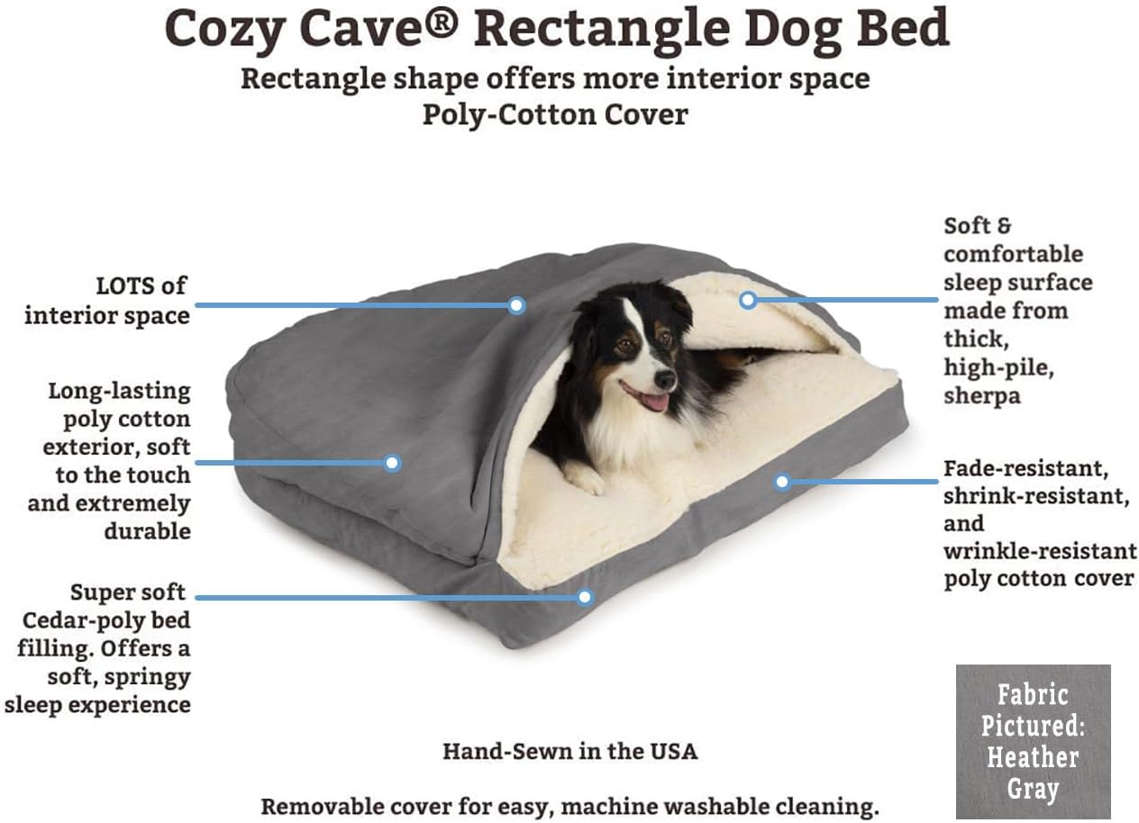 Snoozer Rectangle Cozy Cave Dog Bed - Indoor Dog Bed with Cover Cave, Covered Calming Burrow for Small Sized Pets with Blanket Attached, Enclosed, Washable - Small, Heather Gray