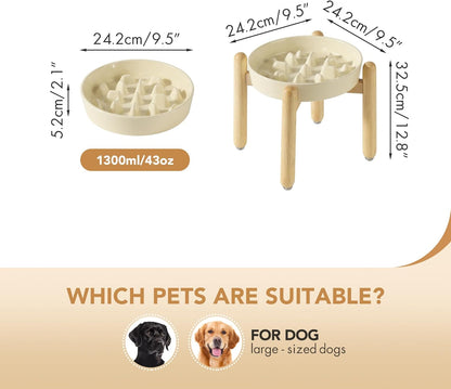 9.5inch Ceramic Dog Raised Slow Feeder Set, Elevated Bowl with Wooden Stand for Large Dog, Slow Feeder Dish for Fast Easters, Anti-Gulping(Beige, Single Bowl+ Stand)