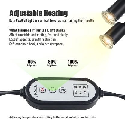 Reptile Heat Lamp, Double-Head Heat Lamp with Clamp, UVA UVB Reptile Light with Intelligent Cycle Timer for Turtle, Bearded Dragon, Lizard and More, 2 Bulbs 25W+50W