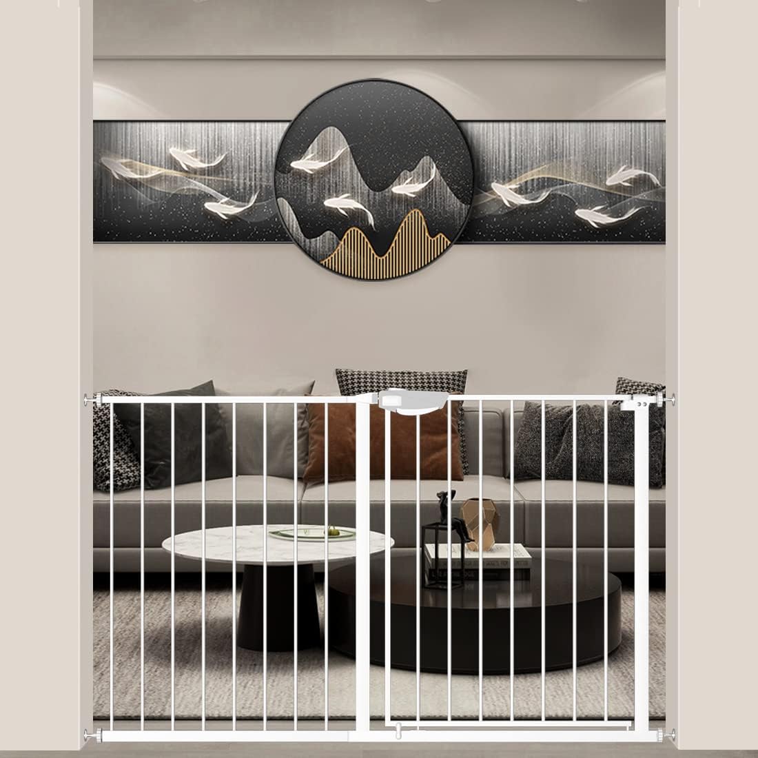 WAOWAO Triple Lock Baby Gate Extra Wide 49.21-53.14" Pressure Mounted Walk Through Swing Auto Close Safety White Metal Dog Pet Puppy for Stairs,Doorways,Kitchen