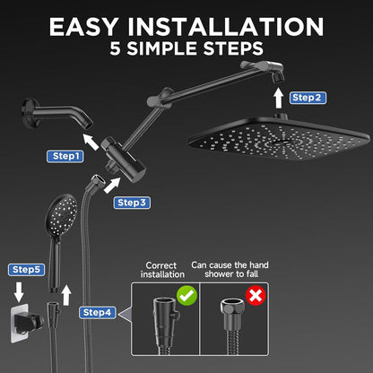 Veken Wide Rain Shower Head with 6 Modes Handheld Water Spray，High Pressure Showerhead Combo with Arm for Bathroom Accessories，Home Decor Adjustable Dual Shower with Anti-Clog Nozzles，Matte Black