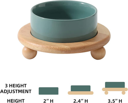 Ceramic Elevated Cat Food and Water Bowl, Kitty Bowl, Raised Cat Dish, Pet Feeder (5.1 in,1 x Dark Green + Stand)